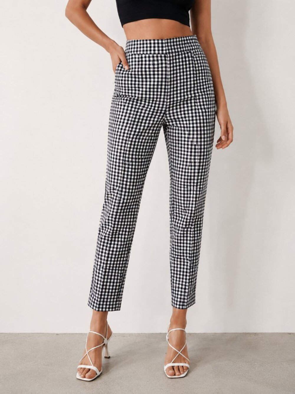 Zara Woman Women's Size US 4 Navy White Gingham High Waist Ankle Pants